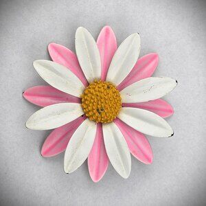 Vintage Pink White Yellow Enamel Flower Daisy 2.75" Pin Brooch